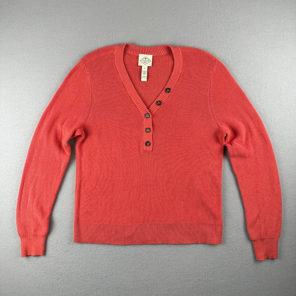 St. John's Bay Henley Sweater Women Small Coral Pink Ribbed V-Neck Cotton Blend